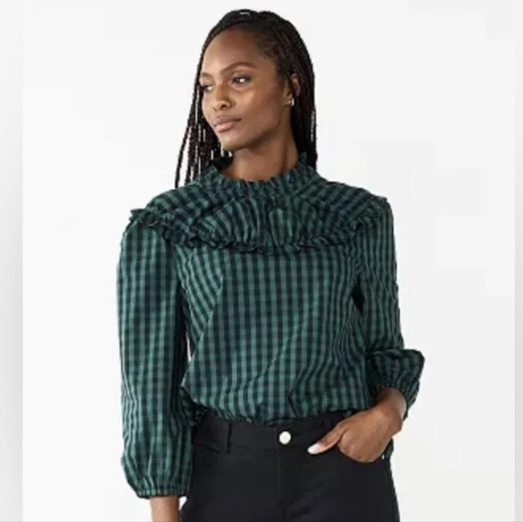 Draper James Teal Checkered Blouse - Picture 1 of 8